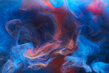 Blue red ink abstract background. Acrylic paint backdrop for perfume, hookah, cosmetics. Mysterious smoke clouds, colorful fog