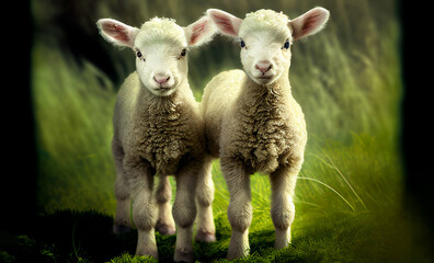 Obraz premium Sheep in a green field, generative ai