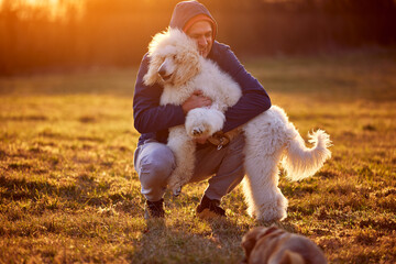 A man bonding with his dog in a field at sunset