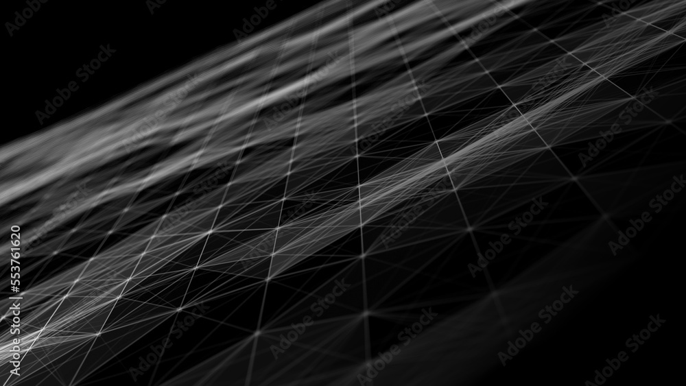 Poster Wave of digital particles on a black background. Abstract interlacing lines and points. Digital connection of elements. Simulation of the movement of small particles. 3D rendering.