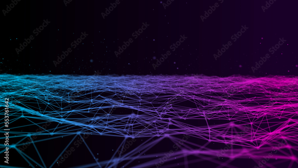 Poster Futuristic wave with lines and dots. Abstract background with a dynamic wave. Particle placement with hanging dots in space. Large data background. 3d rendering.