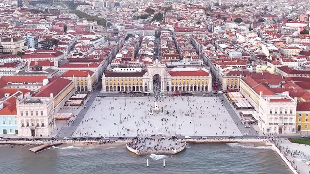 Commerce Square in Lisbon, Portugal. Palace Yard, Royal Palace of Ribeira. Drone Point of View. 4k. Sunset Light
