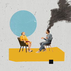 At psychologist's office. Two people, psychologist therapist and patient communicate, look for ways...