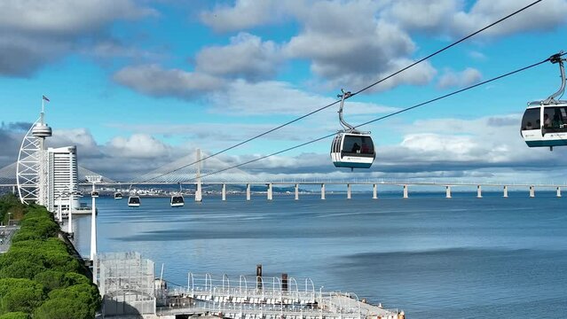 Telecabine Lisboa at Park of Nations (Parque das Nacoes). Cable car in the modern district of Lisbon over the Tagus river on a Summer day. 4k