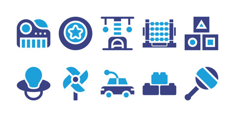 Fototapeta na wymiar Toy icon set. Bold icon. Duotone color. Vector illustration. Containing piano, ball, scratcher, abacus, blocks, pacifier, pinwheel, car, rattle.