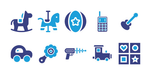 Toy icon set. Bold icon. Duotone color. Vector illustration. Containing rocking horse, ball, walkie talkie, guitar, car, rattle, space gun, train, shapes.