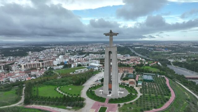 Sanctuary of Christ the King. Catholic monument and shrine dedicated to the Sacred Heart of Jesus Christ overlooking the city of Lisbon situated in Almada, in Portugal. 4k