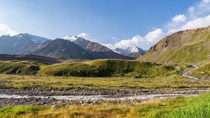 beautiful mountain gorge. panoramic view of the mountain peaks. morning in the mountains. mountain river