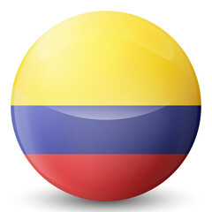 Glass light ball with flag of Colombia. Round sphere, template icon. Colombian national symbol. Glossy realistic ball, 3D abstract vector illustration highlighted on a white background. Big bubble.