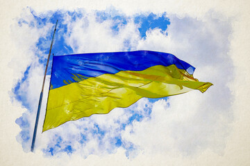 Ukraine flag watercolor style illustration. Yellow The blue coat of arms flutters in the sky in the wind. Drawing with splashes. The Ukrainian flag is a symbol of the country.