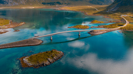 Aerial view of Kubholmleia bridge, one of the two famous bridges in Fredvang, Norway