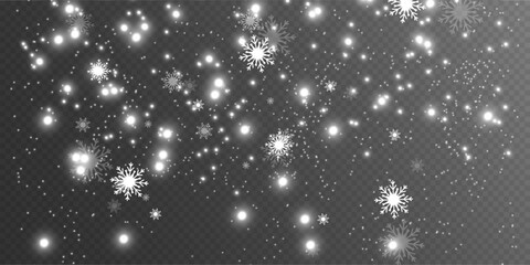 	
Snowfall. A lot of snow on a transparent background. Christmas winter background. Snowflakes falling from the sky.