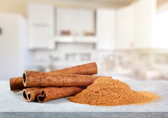 Dry Cinnamon sticks spice on the desk
