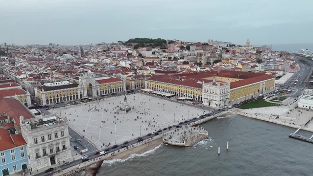 Commerce Square in Lisbon, Portugal. Palace Yard, Royal Palace of Ribeira. 4k