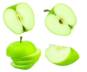 set of green apple, cut apples in different parts isolated from background