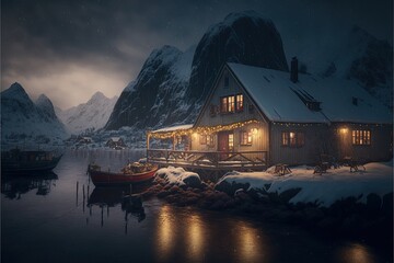 Christmas in Norway with Lofoten Archipelago behind in Winter Night with Houses and Nature Reflecting in a Lake - obrazy, fototapety, plakaty