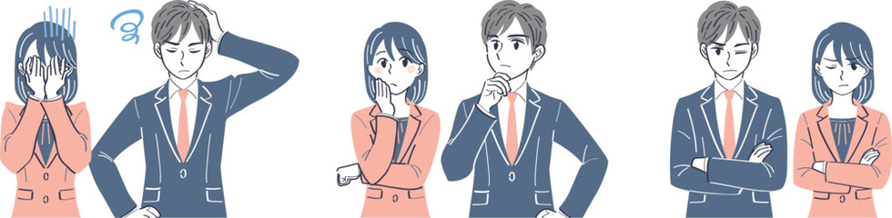 ビジネススーツの男女　表情ポーズの上半身イラストセット（落胆　考える　悩む）