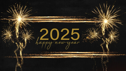 2025 Happy New Year holiday Greeting Card banner - Golden year, glitter stripes and firework...