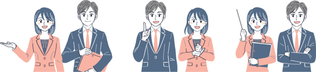 ビジネススーツの男女　表情ポーズの上半身イラストセット（案内　説明　解説）