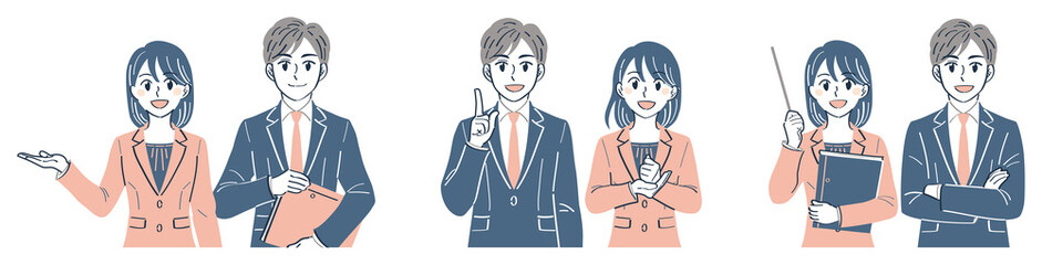 ビジネススーツの男女　表情ポーズの上半身イラストセット（案内　説明　解説）