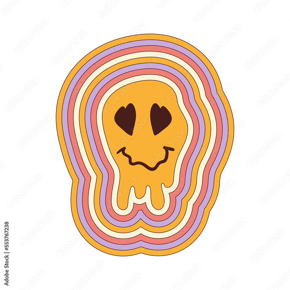 Poster retro groovy melting smiley face with rainbow background in style 60s, 70s. vector illustration