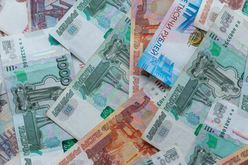 Russian money. Different denomination of bills. Close-up of Russian rubles. Finance concept. Money background and texture. Copy space.