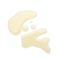 Spilled cooking oil on white background, top view