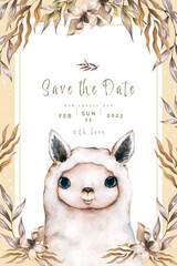 Cute llama in watercolor flower frame. Baby Shower. Template for a greeting card © Anna Terleeva
