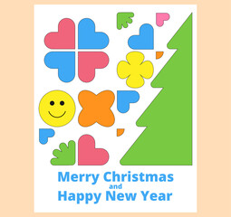 Merry Christmas and Happy New Year Postcard. Illustration of Christmas tree, hearts, smile, flowers.