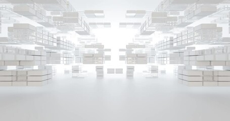 loop Luxury white abstract architectural minimalistic background. Contemporary showroom. Modern  exhibition stand. Empty gallery. Backlight. Polygonal Graphic Design. 3D animation and rendering.