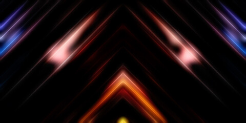 Abstract shining geometric lights background. Fractal symmetric graphic illustration. Intersecting glowing and shimmering bars.