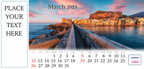 March 2023. Desktop monthly calendar template with place logo and contact information. Set of...