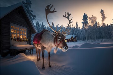 Reindeer with Snow Sledge in Christmas Winter Time Lapland, Finland with Beautiful Snow-covered Nature Behind and Winter Cabin