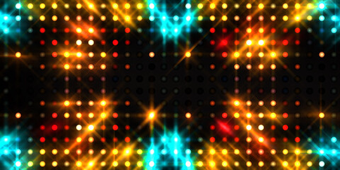 Shining lights party leds on black background. Digital illustration of stage or stadium spotlights. Glowing pattern wallpaper. Glamour background of colorful lights with spotlights.