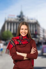 Fototapeta premium Young happy tourist woman in big city