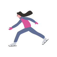 Girl with black hair skating vector illustration. Happy kid in colorful sports suit doing physical activity flat vector illustration on white background. Winter sports concept