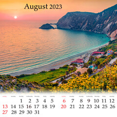 Square wall monthly calendar ready for print, August 2023. Set of calendars with beautiful...
