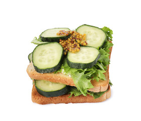 Tasty cucumber sandwiches with arugula and mustard on white background