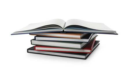 Stack of hardcover books on white background