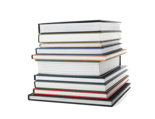 Stack of hardcover books on white background