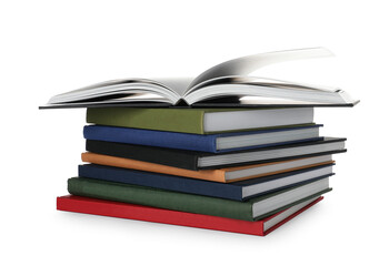 Stack of hardcover books on white background