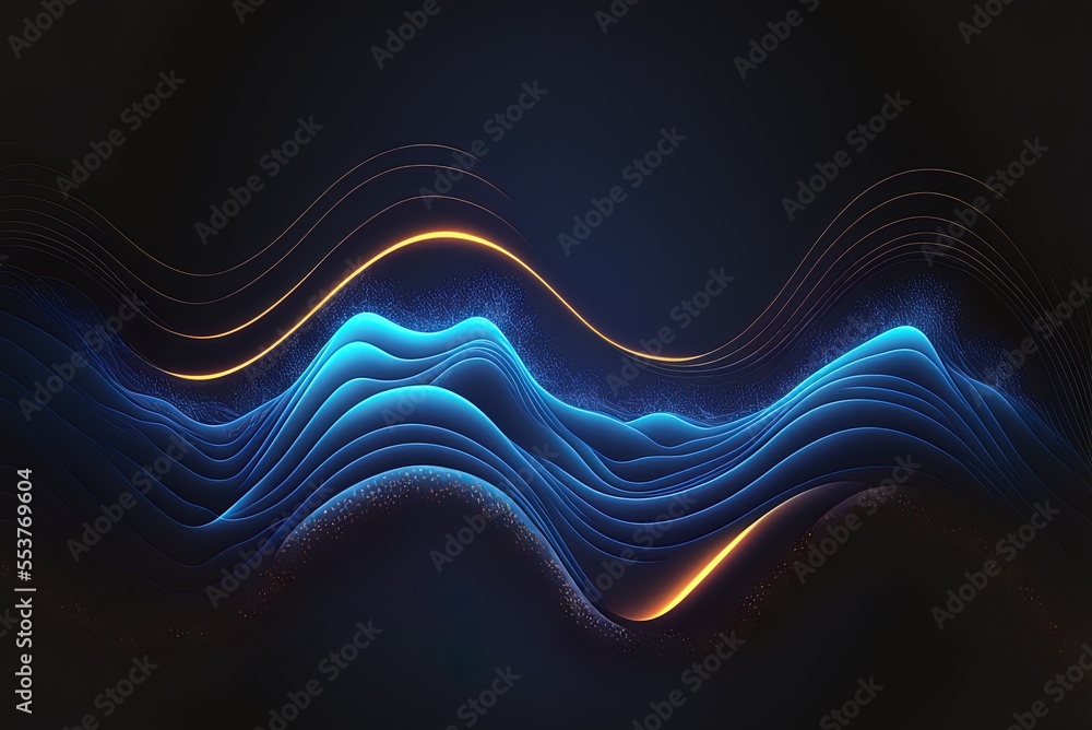 Poster Bright neon lines undulating abstractly on a deep blue backdrop. Generative AI