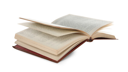 Open old hardcover book isolated on white