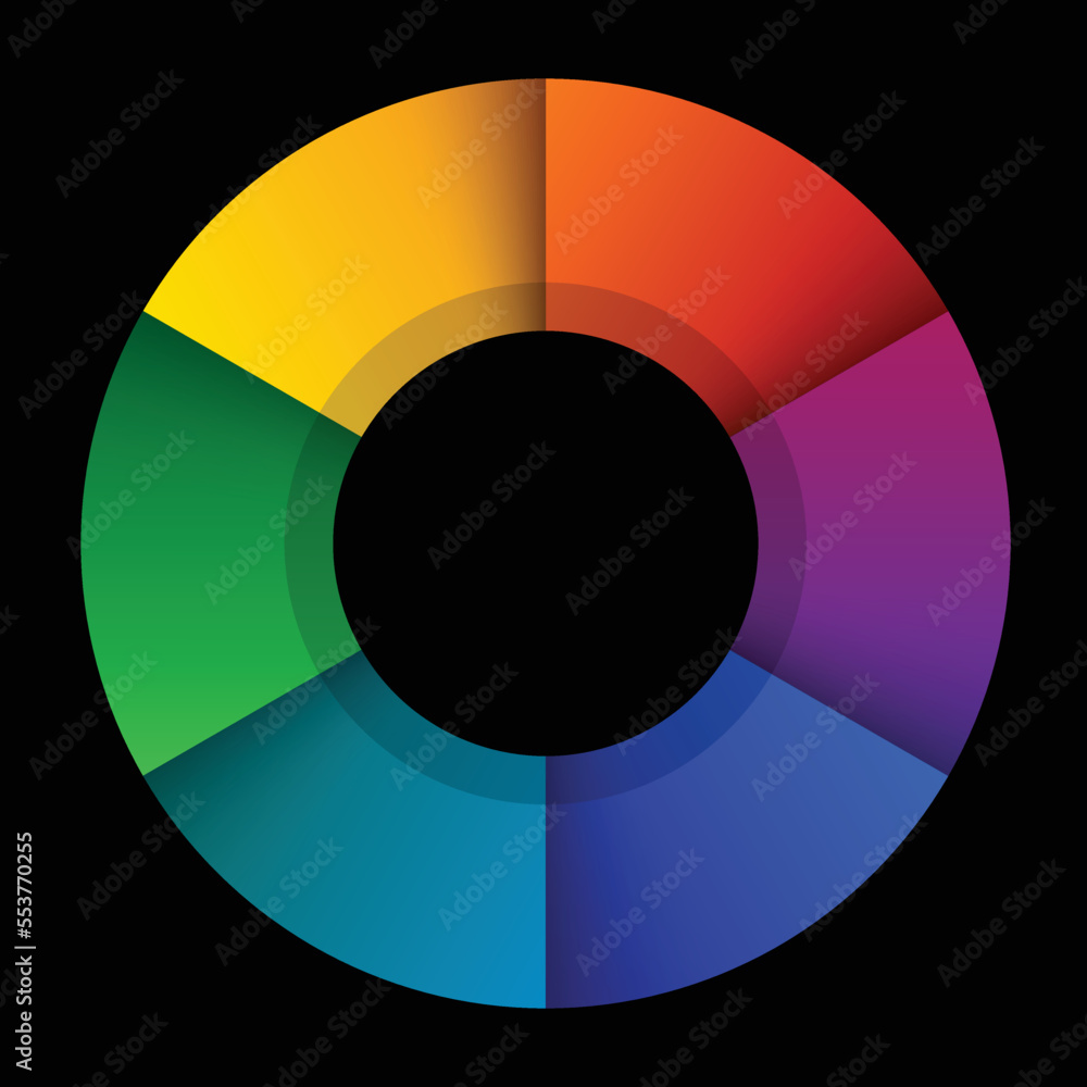 Aufkleber abstract infographic rainbow sectors 3d circle wheel shape 6 options chart on black background. rgb 