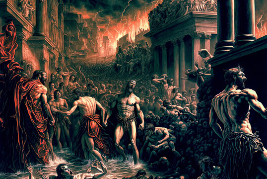 Sinners in Hell, City of Dis, Dante's Inferno. Generative AI
