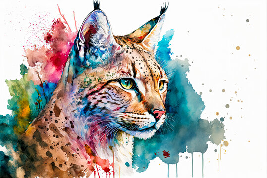 Colorful watercolor painting of a bobcat. Generative AI
