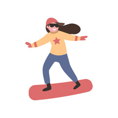Girl with brown hair skateboarding or snowboarding illustration. Happy kid in colorful sports suit doing physical activity flat vector illustration on white background. Winter sports concept