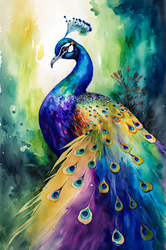 Colorful watercolor painting of a peacock, vertical. Generative AI