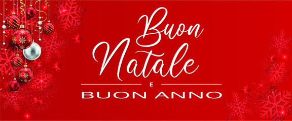 biglietto o striscione per augurare Buon Natale e Felice Anno Nuovo in bianco su fondo rosso e su ogni lato fiocchi di neve, glitter e palline di Natale in rosso, bianco e oro