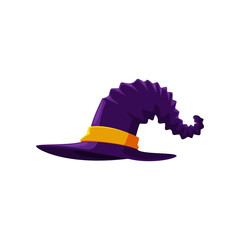 Purple witch hat for Halloween cartoon illustration. Carnival headdress or costume element, magician, wizard, sorcerer hat. Holiday, party, masquerade, witchcraft, fantasy concept